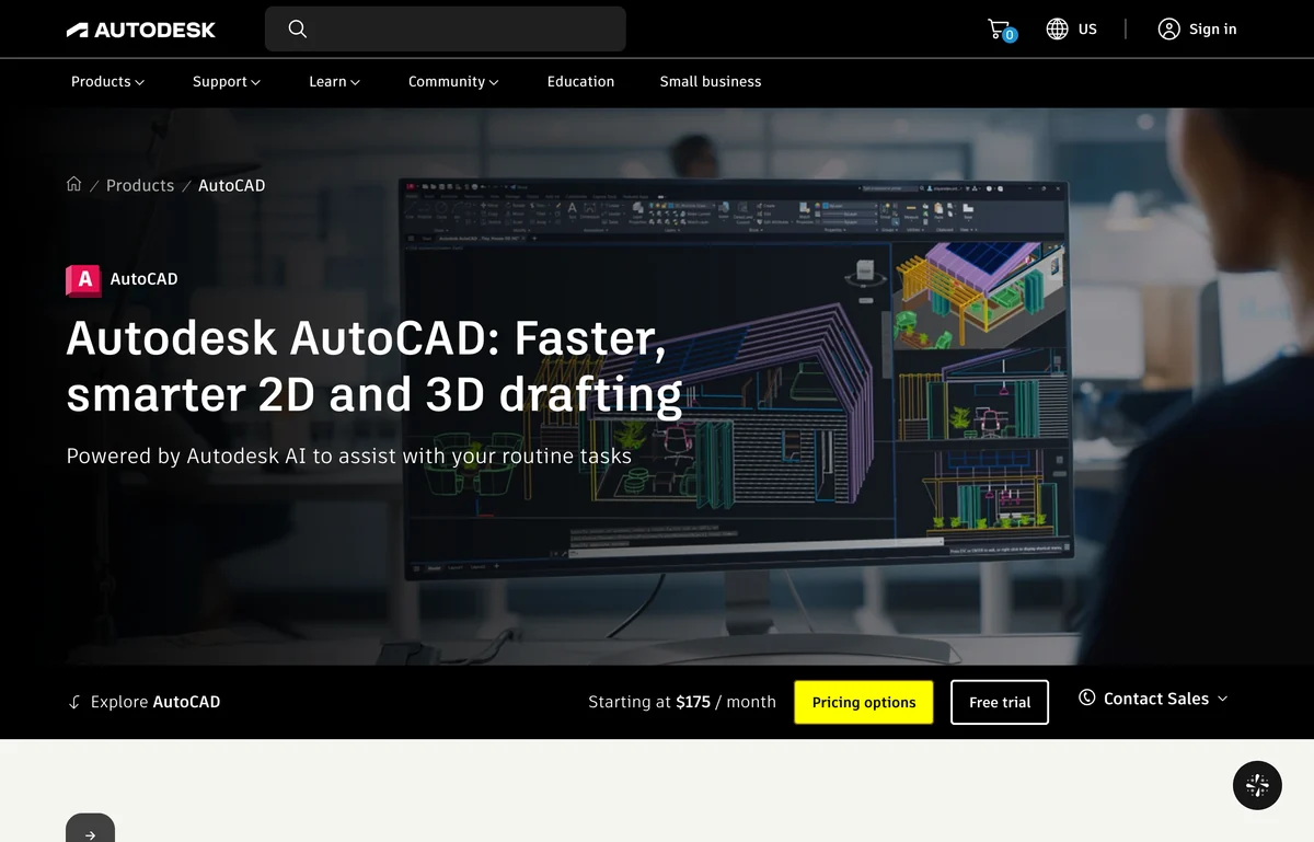 Autodesk AutoCAD product page: Faster, smarter 2D and 3D drafting, powered by Autodesk AI, starting at 175 dollars a month