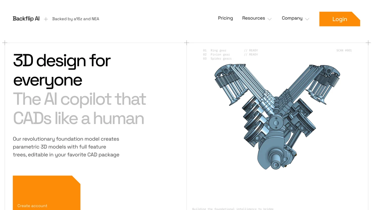 Backflip AI homepage: 3D design for everyone, The AI copilot that CADs like a human, with a gear assembly model