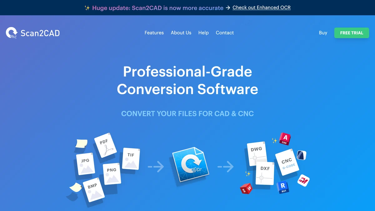 Scan2CAD homepage: Professional-Grade Conversion Software, convert your files for CAD and CNC, with JPG, PDF and PNG icons turning into DWG and DXF