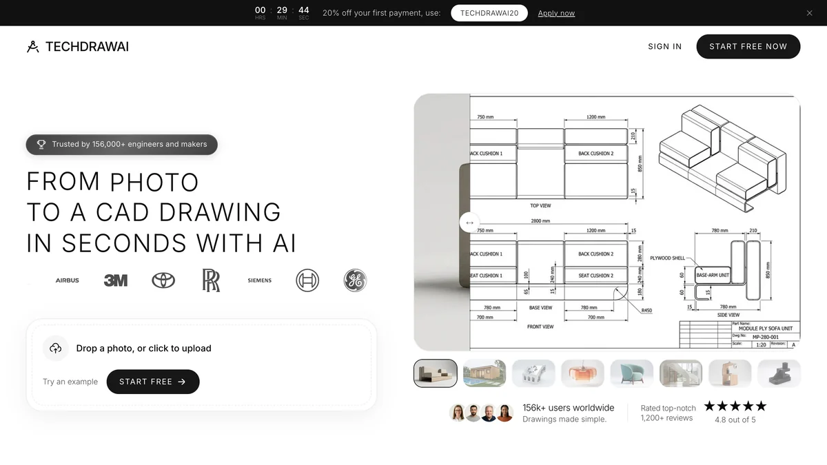 TechDraw AI homepage: From photo to a CAD drawing in seconds with AI, with a photo upload box and a dimensioned sofa drawing with front, top and side views