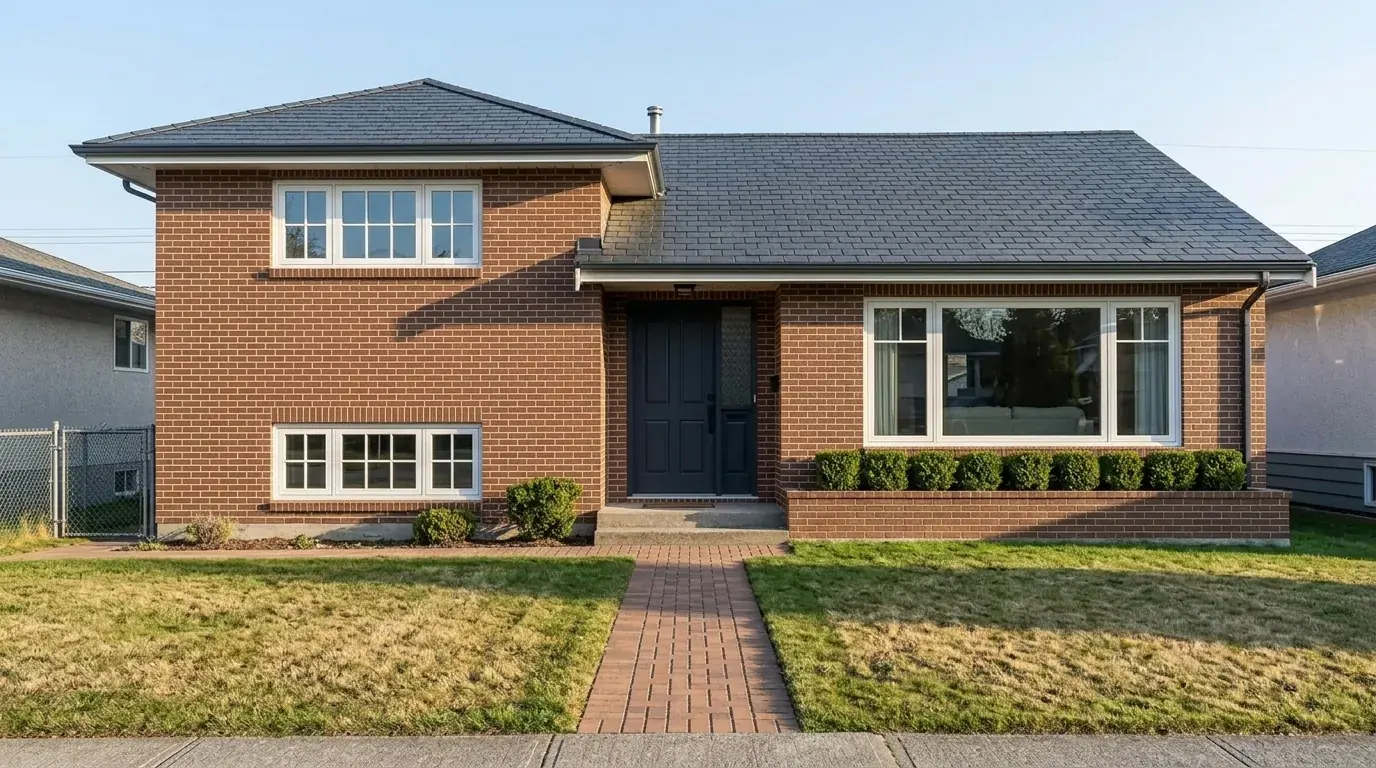 The same house restyled in traditional red brick with white timber window frames and a slate grey tiled roof