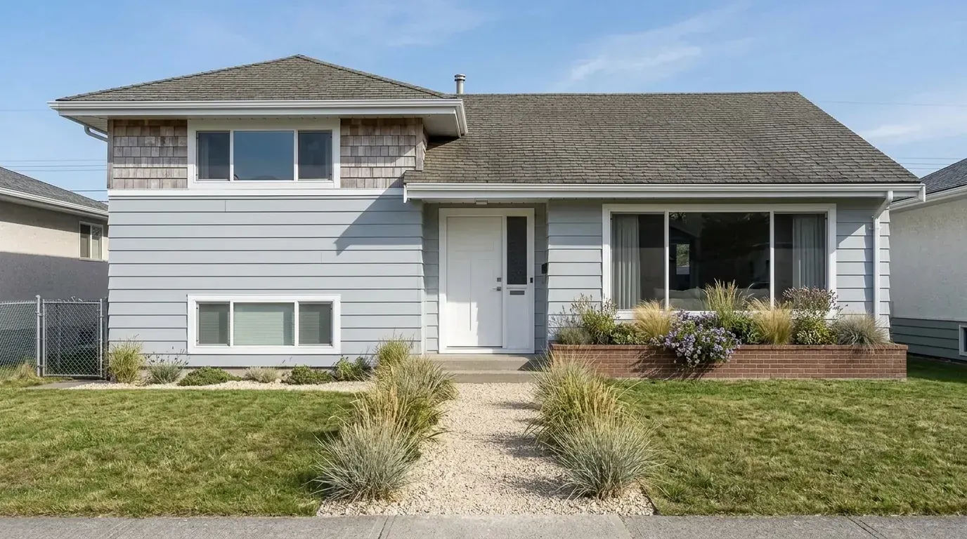 The same house restyled in a coastal scheme with pale grey-blue lap siding, white trim and cedar shingle accent