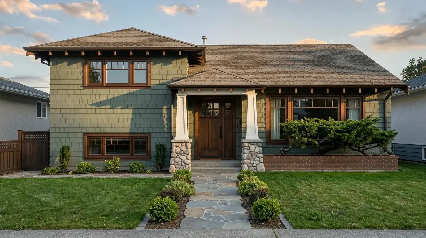 The same house restyled as a Craftsman with sage shingle siding, exposed rafter tails and tapered columns on stone bases