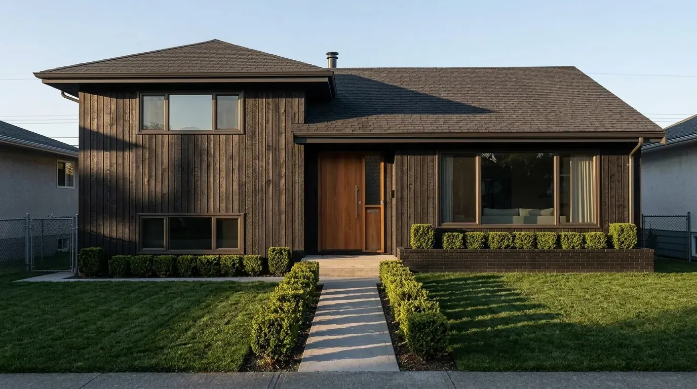 The same house restyled in dark modern charred timber cladding with bronze frames and a warm timber front door