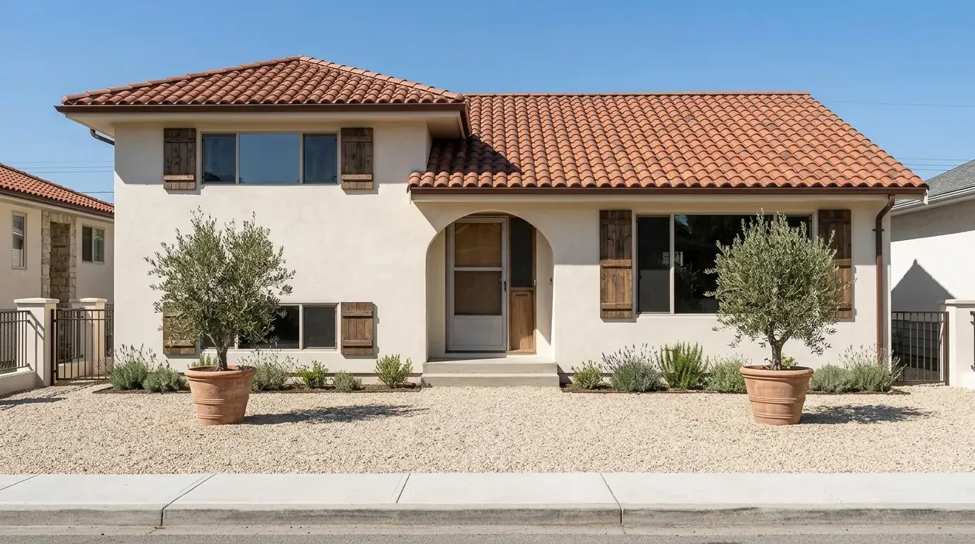 The same house restyled in a Mediterranean scheme with lime render, a terracotta barrel-tile roof, timber shutters and olive trees