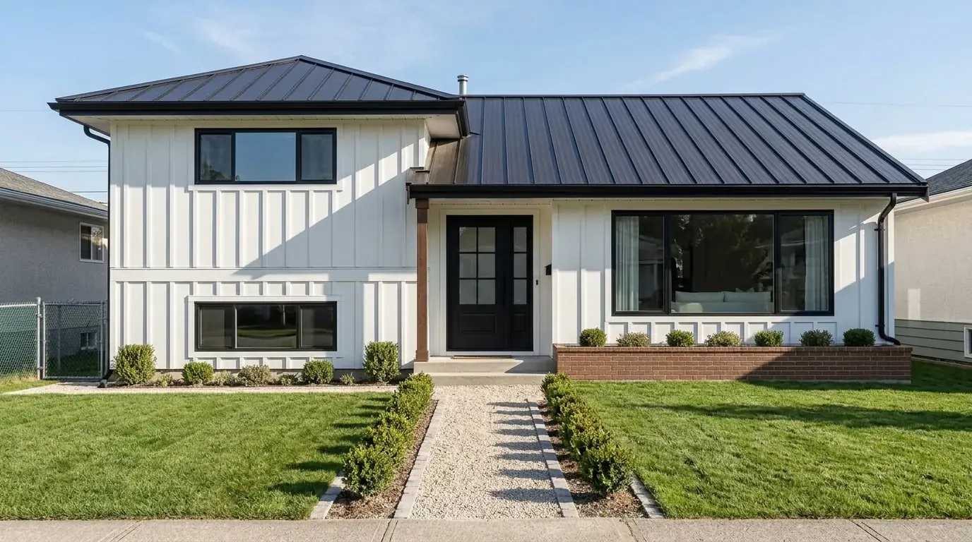 The same 1970s house restyled as a modern farmhouse with white board-and-batten cladding, black window frames and a dark metal roof