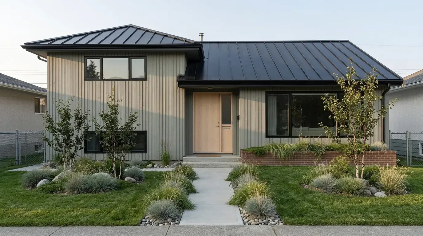 The same house restyled in a Nordic scheme with muted grey-green vertical timber cladding, black frames and birch planting