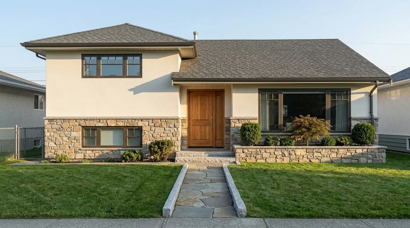 The same house restyled with a split-face stone veneer base course, warm off-white render above and bronze window frames