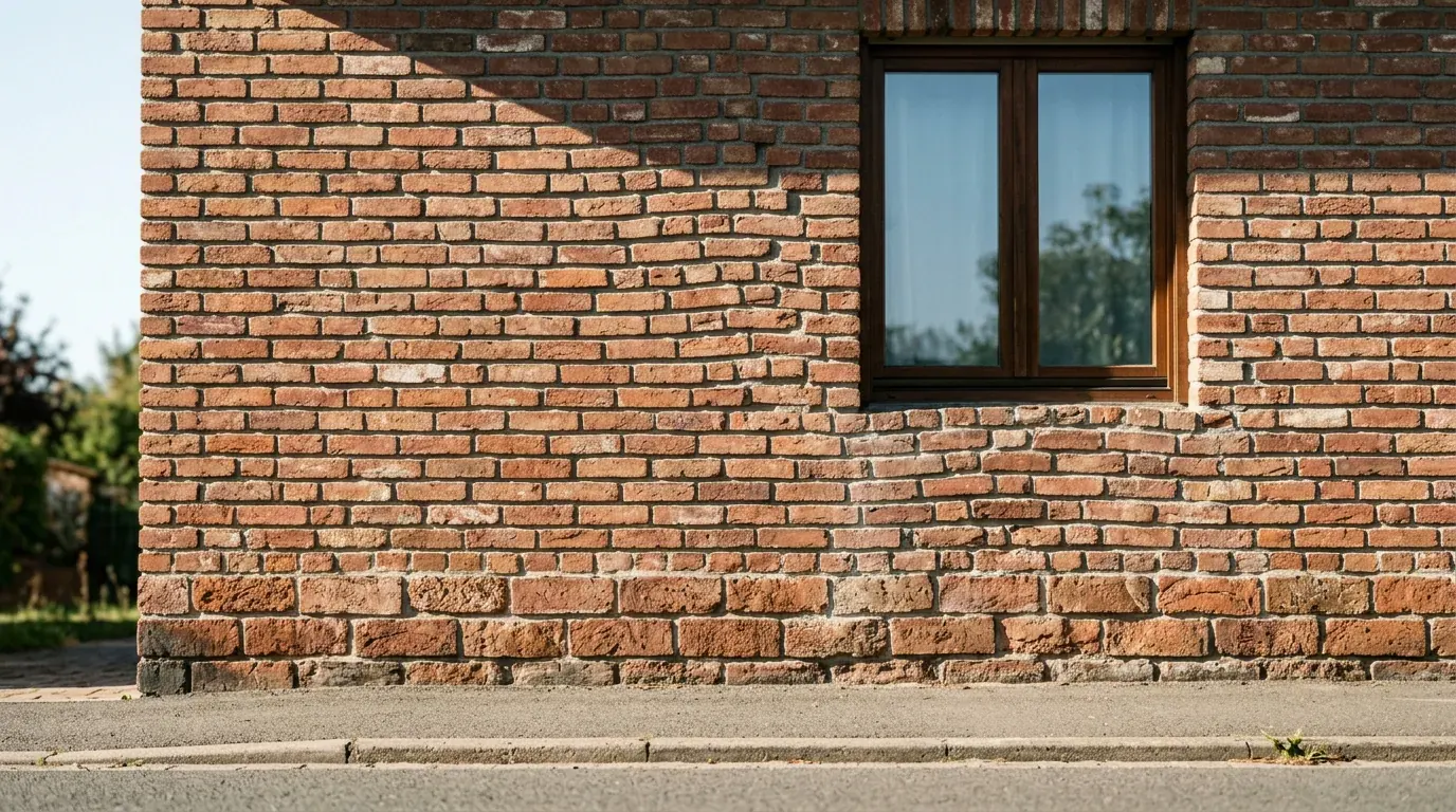Close crop of an AI generated brick facade where the coursing drifts and bends near the window reveal and the sill dissolves into the brickwork