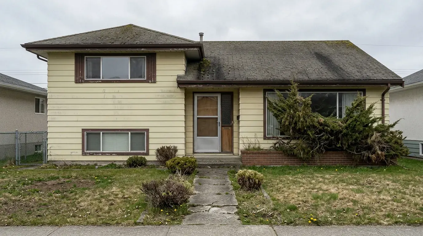 A tired 1970s split-level suburban house with faded yellow aluminium siding, dark brown trim and an overgrown conifer, the before photo used to test AI exterior design tools
