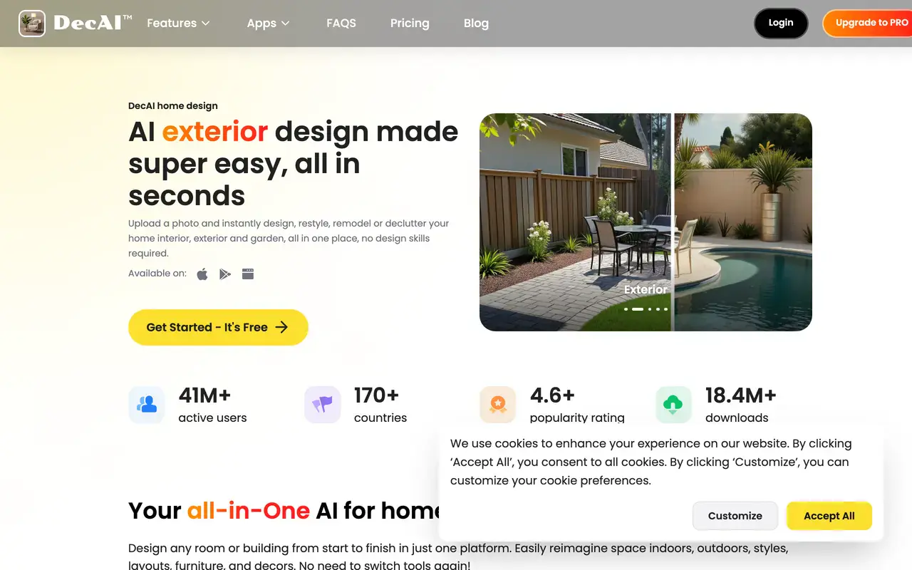 Screenshot of the DecAI homepage listing AI interior, exterior and garden design tools