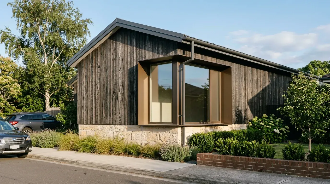 Close three-quarter view of a house exterior corner where charred timber cladding, a stone base course, a bronze window frame and a metal gutter all meet cleanly