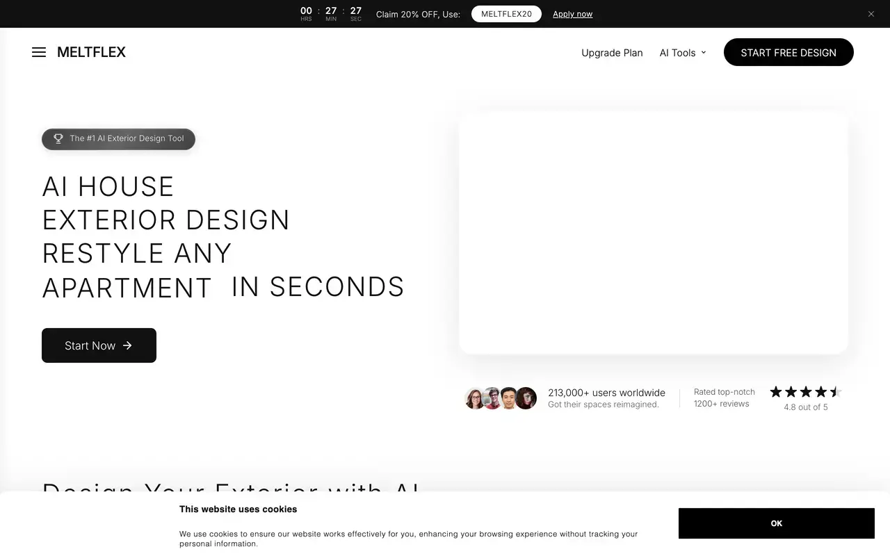 Screenshot of the MeltFlex AI exterior design tool page showing photo upload and exterior style options