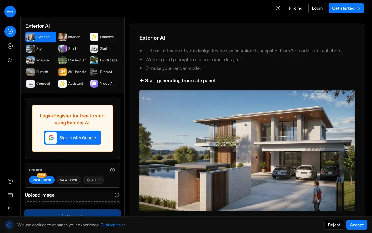 Screenshot of the mnml.ai Exterior AI page showing its AI exterior design generator