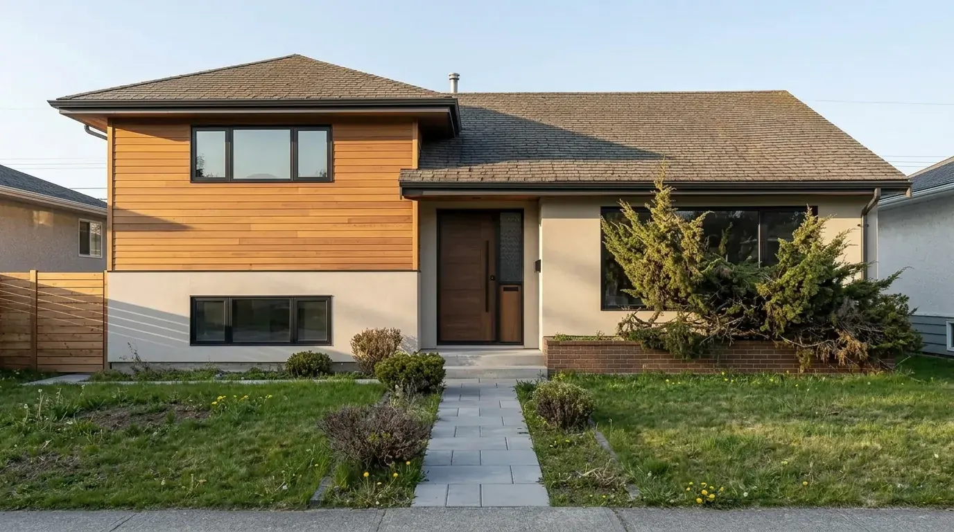 A house exterior where the original roof pitch, chimney and window openings are clearly retained while cladding, frames, door and path are all new