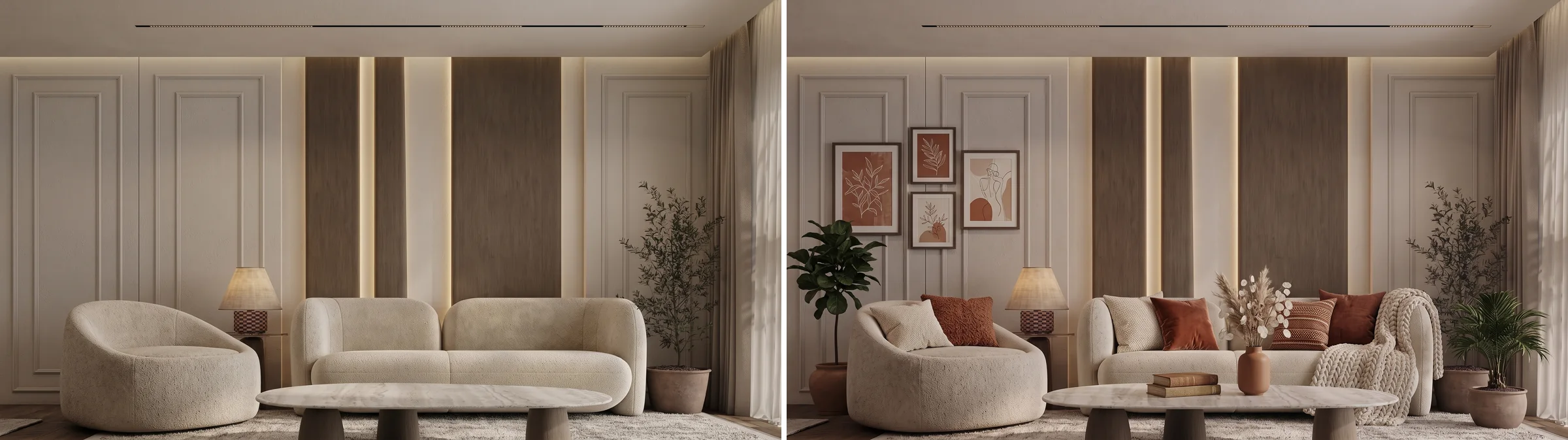 The same living room before and after AI decorating, with the cream boucle sofa, round armchair and stone coffee table unchanged