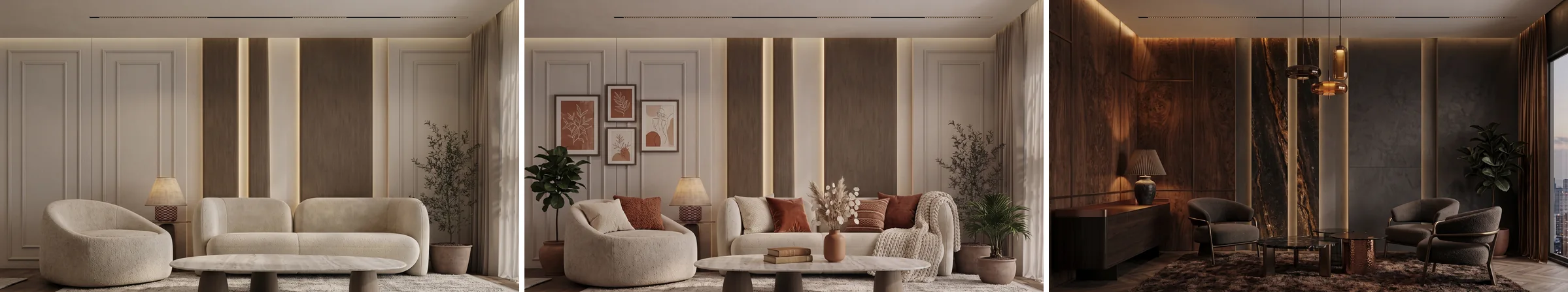 Three renders of one living room: the original, a decoration only edit that keeps the furniture, and a full redesign that replaces it