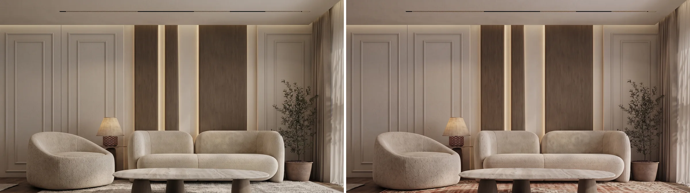 The living room before and after swapping only the rug, with the sofa, armchair, table and lamp unchanged