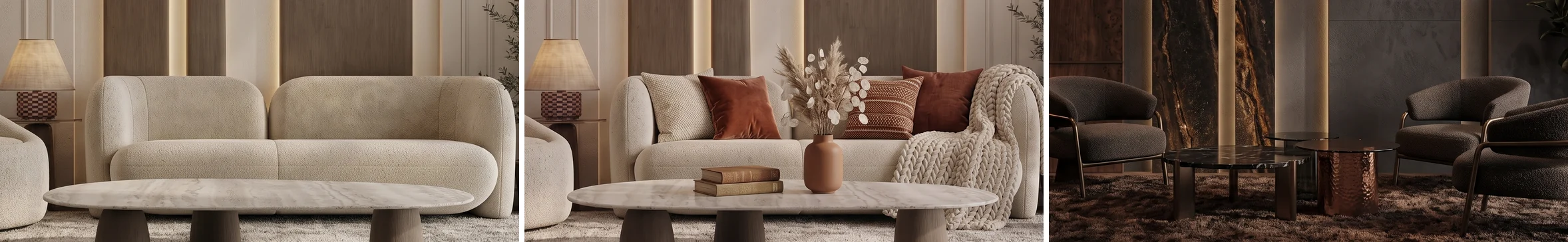 Close crop of the same boucle sofa in the original photo, the decorated version and the redesigned version