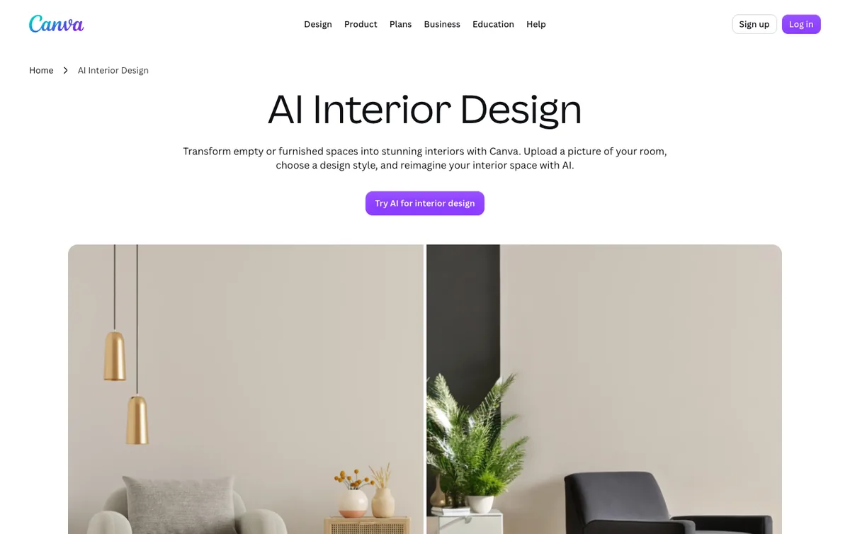 Screenshot of the Canva AI Interior Design page describing uploading a room photo and choosing a design style
