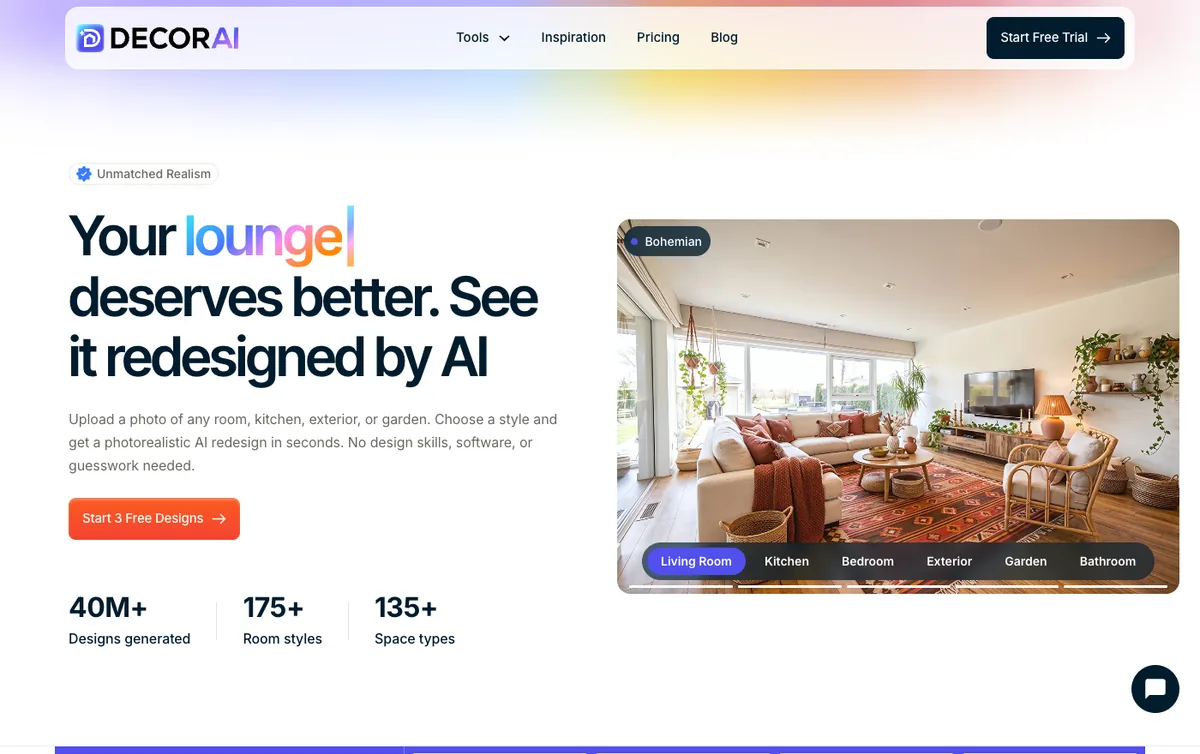 Screenshot of the DecorAI homepage showing 40 million designs generated, 175 styles and 135 space types