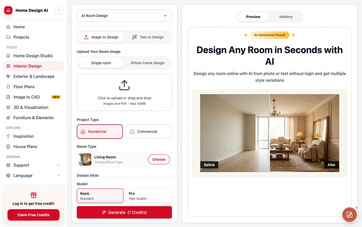Screenshot of the Home Design AI room design tool showing the upload panel and a one credit generate button
