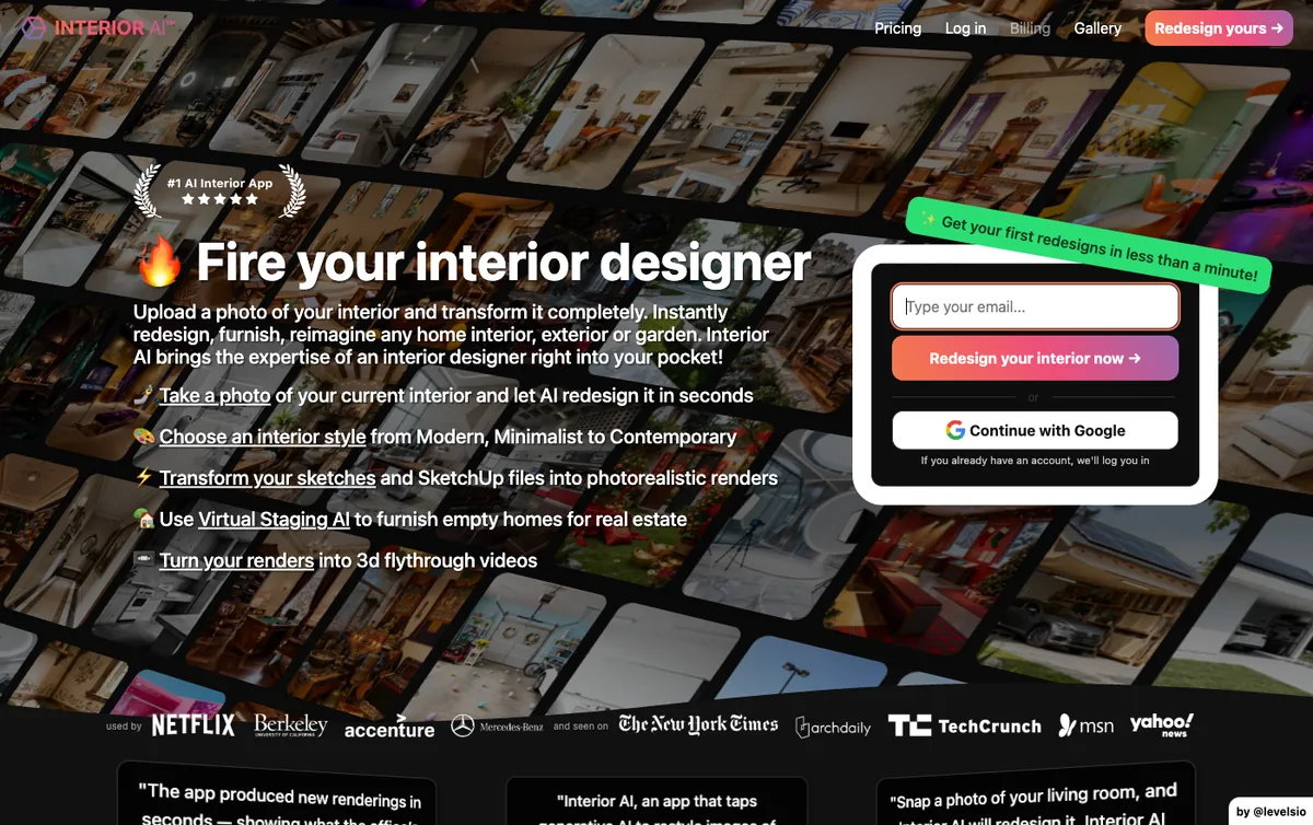 Screenshot of the Interior AI homepage with the headline fire your interior designer and an email capture box