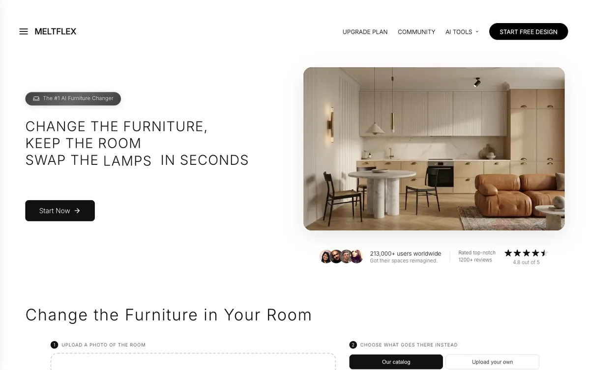 Screenshot of the MeltFlex AI furniture changer page with the headline change the furniture, keep the room
