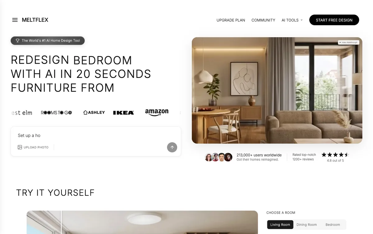Screenshot of the MeltFlex homepage showing the photo upload box and the furniture brand strip
