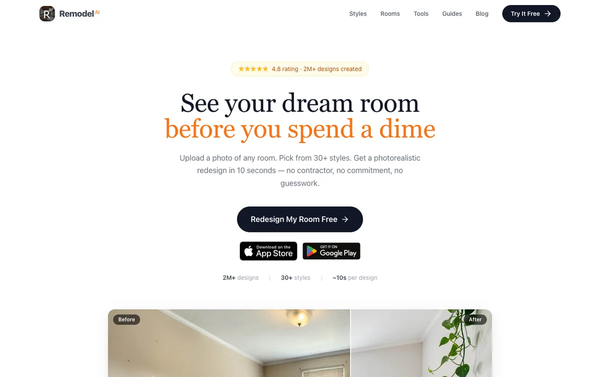 Screenshot of the Remodel AI homepage showing three free designs, thirty plus styles and App Store and Google Play badges