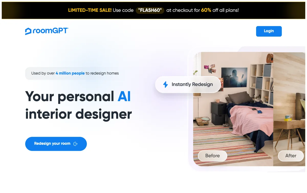 Screenshot of the RoomGPT homepage showing your personal AI interior designer and a before and after of a bedroom
