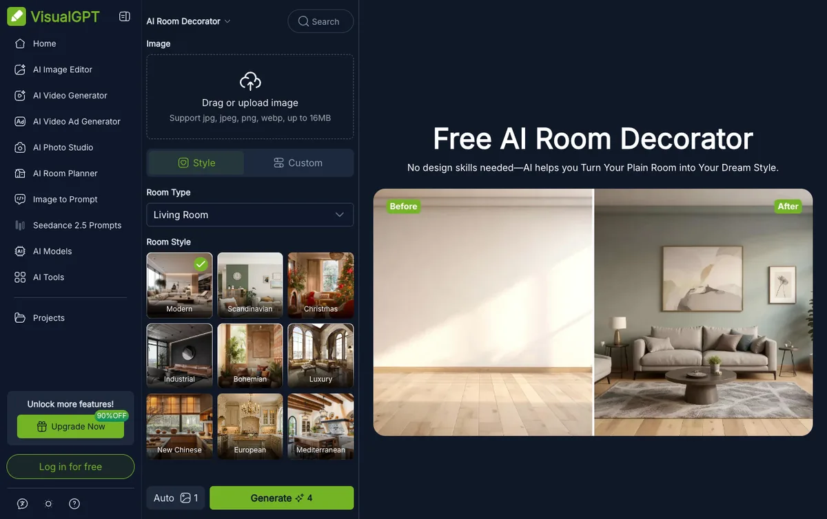 Screenshot of the VisualGPT AI Room Decorator showing style tiles, a four credit generate button and a before and after of an empty room