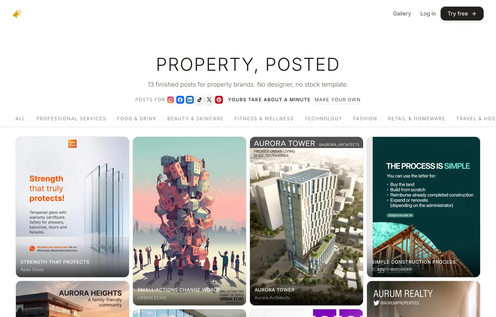 AI Social Media Now gallery filtered to property brands, headed Property, posted, with 13 finished posts for property brands including glass, tower and construction posts