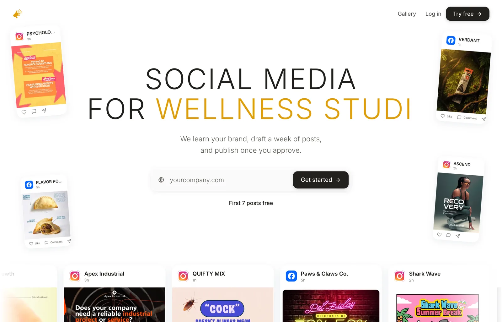 AI Social Media Now homepage on 8 October 2026: headline Social media for wellness studios, a website address field, a Get started button and the line First 7 posts free, with sample Instagram and Facebook posts around it