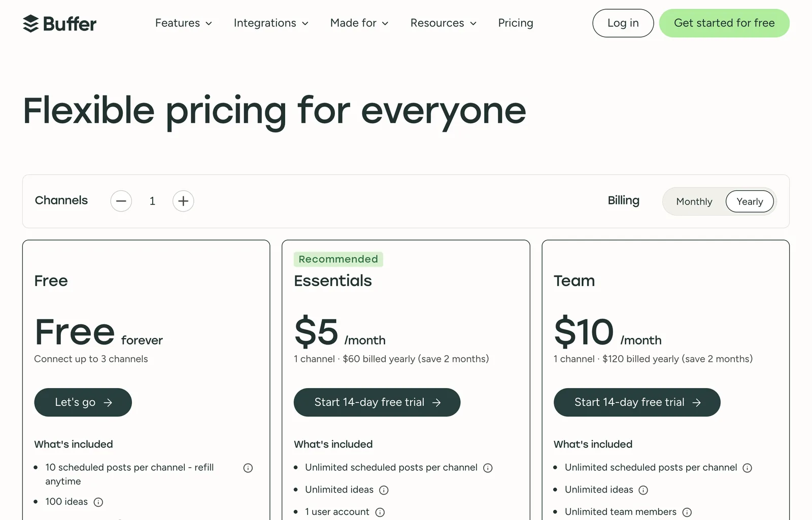 Buffer pricing page on 8 October 2026: Free forever for up to 3 channels, Essentials at $5 per month per channel and Team at $10 per month per channel, billed yearly