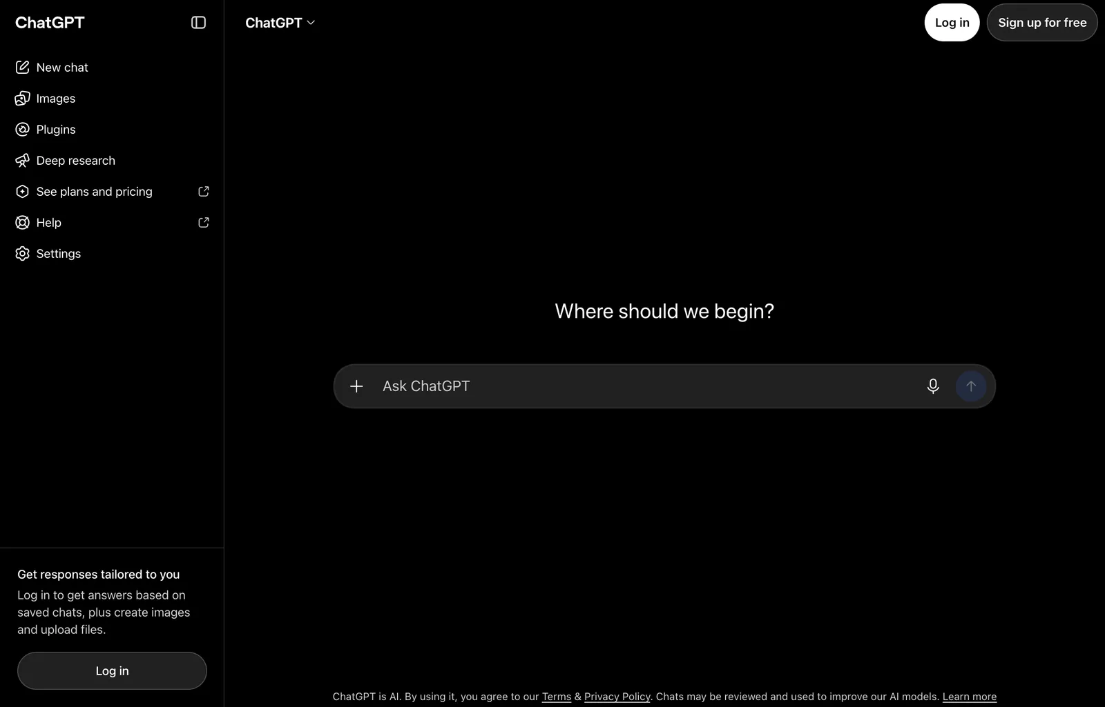 ChatGPT logged-out homepage on 8 October 2026 with the prompt Where should we begin and an Ask ChatGPT box