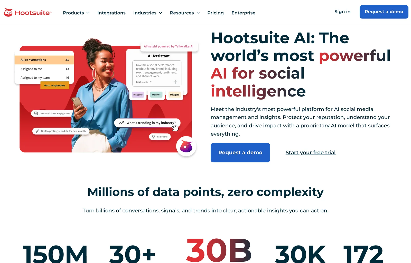 Hootsuite AI page on 8 October 2026: Hootsuite AI, The world's most powerful AI for social intelligence, with an AI assistant panel and stats including 150M, 30B and 30K