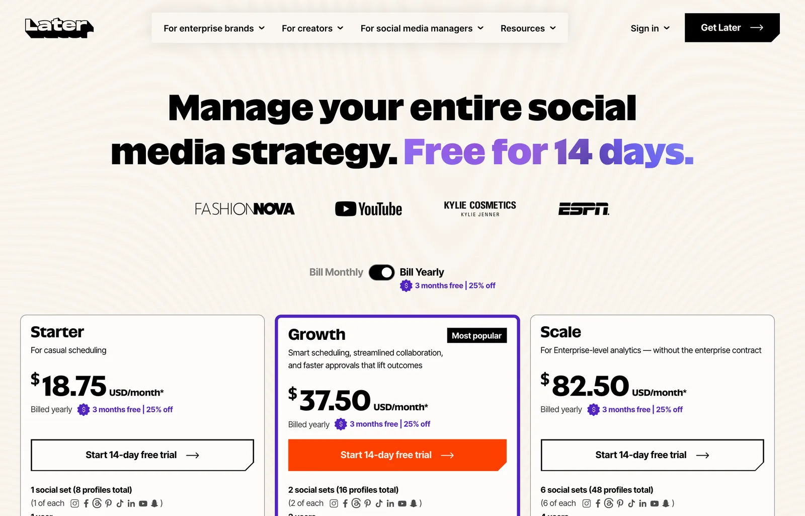 Later pricing page on 8 October 2026 billed yearly: Starter at $18.75, Growth at $37.50 marked most popular, and Scale at $82.50 USD per month