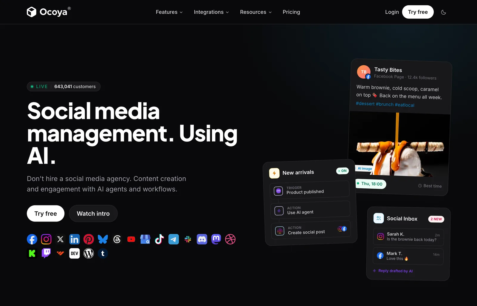Ocoya homepage on 8 October 2026: Social media management. Using AI., a live counter of 643,041 customers, a sample Facebook post for a dessert brand and an automation that turns a published product into a social post