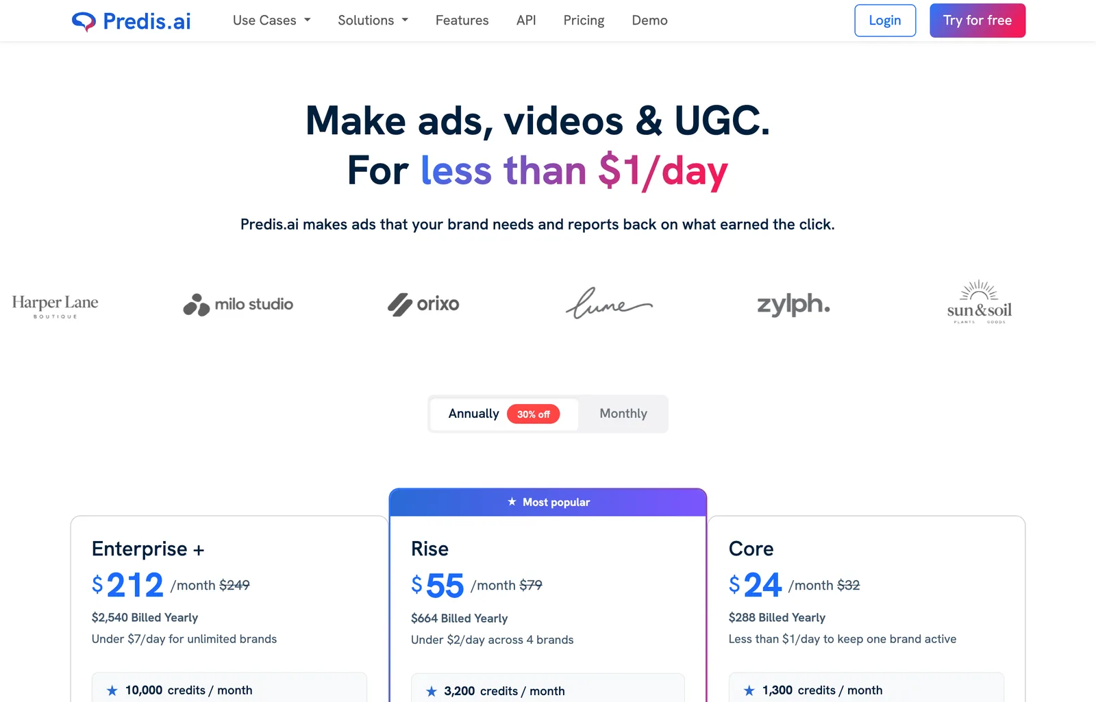 Predis.ai pricing page on 8 October 2026 billed annually: Core at $24 per month, Rise at $55 per month marked most popular, and Enterprise+ at $212 per month, with credit allowances