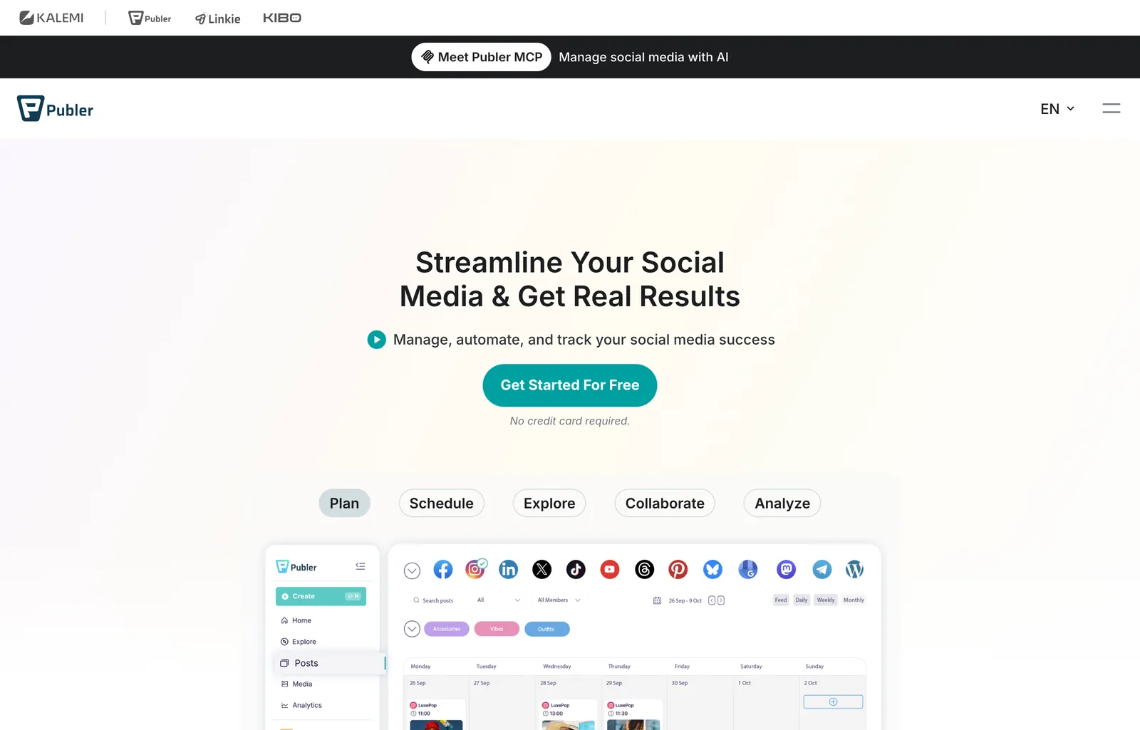 Publer homepage on 8 October 2026 with the headline Streamline Your Social Media and Get Real Results, a Get Started For Free button and a calendar view with network icons