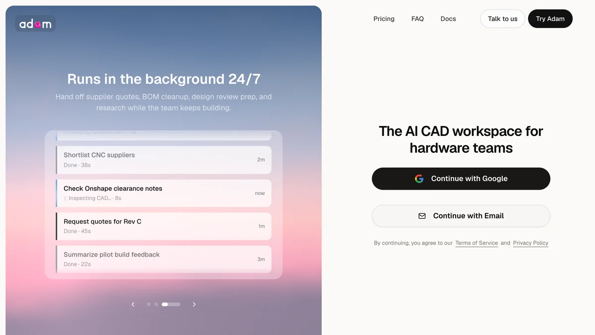 Adam homepage with the headline The AI CAD workspace for hardware teams and a product panel showing background tasks such as shortlist CNC suppliers and check Onshape clearance notes
