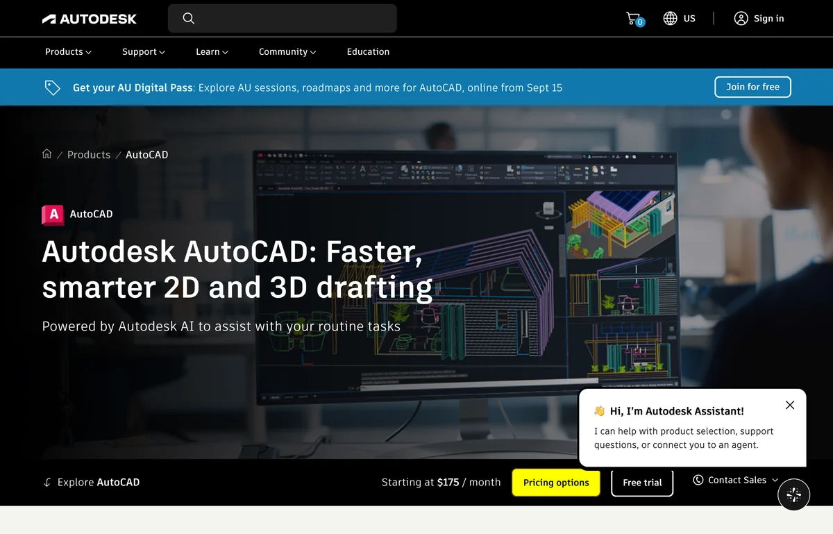 Autodesk AutoCAD product page with the headline Autodesk AutoCAD Faster smarter 2D and 3D drafting, the line Powered by Autodesk AI to assist with your routine tasks, and a price bar along the bottom reading starting at 175 dollars a month