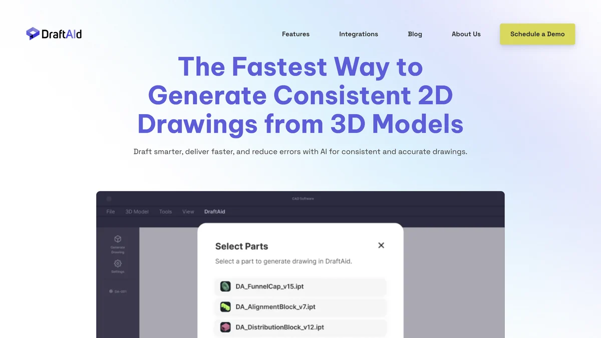 DraftAid homepage with the headline The Fastest Way to Generate Consistent 2D Drawings from 3D Models and a product screenshot showing a part selection panel listing funnel cap, alignment block, distribution block and aluminium extrusion parts