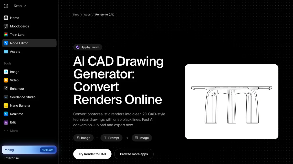 Krea node app titled AI CAD Drawing Generator Convert Renders Online showing a line drawing of a console table converted from a photorealistic render