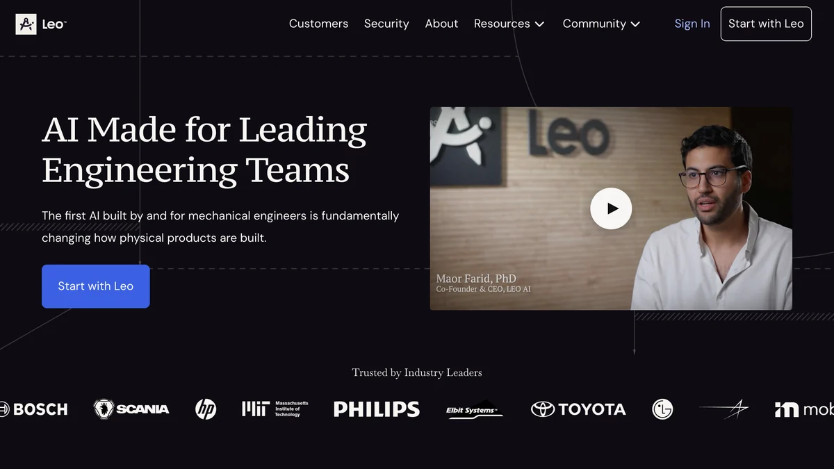 Leo AI homepage with the headline AI Made for Leading Engineering Teams, a founder video still, and a trusted by row showing Bosch, Scania, MIT, HP, Philips, Toyota and others