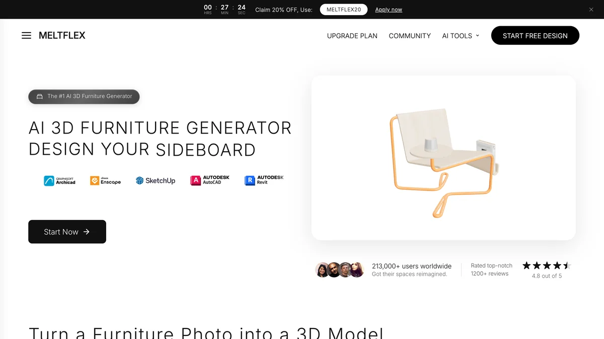 MeltFlex AI 3D furniture generator page with the headline Design your sideboard, a generated chair model, and a compatibility row showing Archicad, Enscape, SketchUp, AutoCAD and Revit