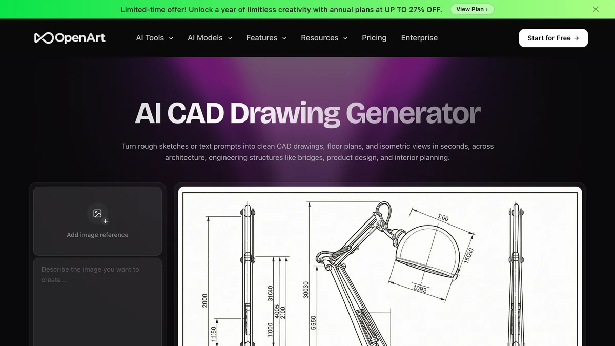 OpenArt AI CAD Drawing Generator page showing an image reference upload panel beside a generated black line technical drawing of an anglepoise style desk lamp in two views with dimension lines
