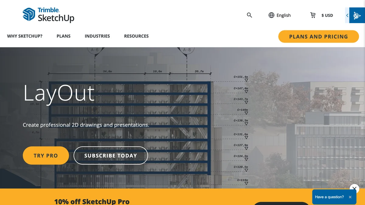 Trimble SketchUp LayOut product page with the headline LayOut and the line Create professional 2D drawings and presentations, showing a dimensioned architectural sheet
