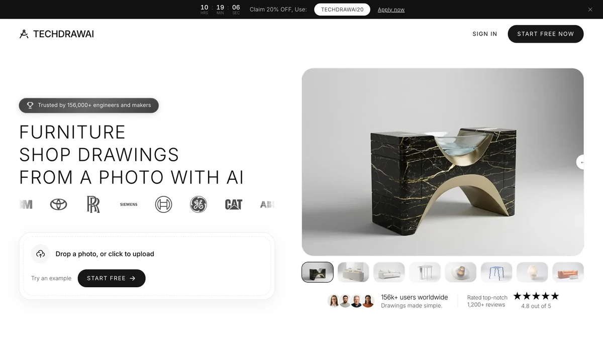 TechDraw AI furniture page with the headline Furniture shop drawings from a photo with AI, a photo upload box and a rendered stone console table example